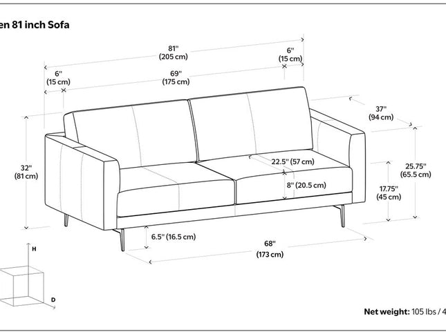 81" Gray Leather Sofa With Black Legs