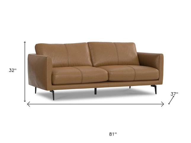 81" Brown Leather Sofa With Black Legs