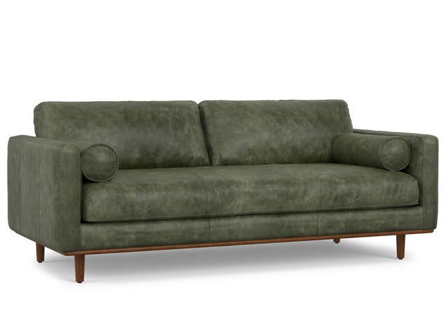 89" Moss Green Leather Sofa With Brown Legs