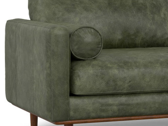 89" Moss Green Leather Sofa With Brown Legs