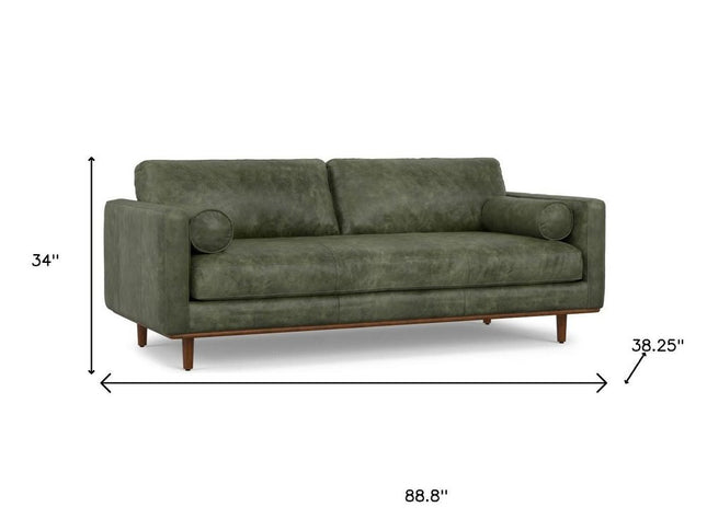 89" Moss Green Leather Sofa With Brown Legs