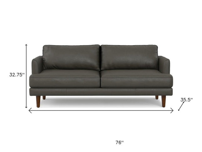 76" Black Leather Sofa With Brown Legs