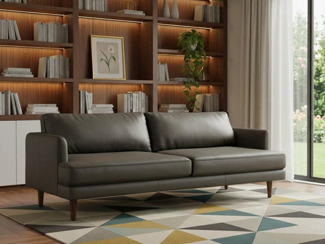 76" Black Leather Sofa With Brown Legs