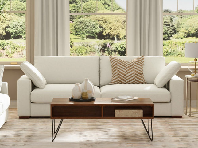96" Cream Fabric Sofa With Brown Legs