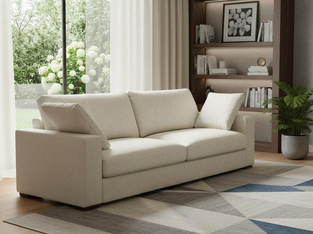 96" Cream Fabric Sofa With Brown Legs