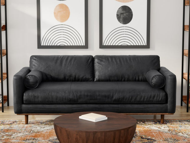 89" Black Leather Sofa With Brown Legs