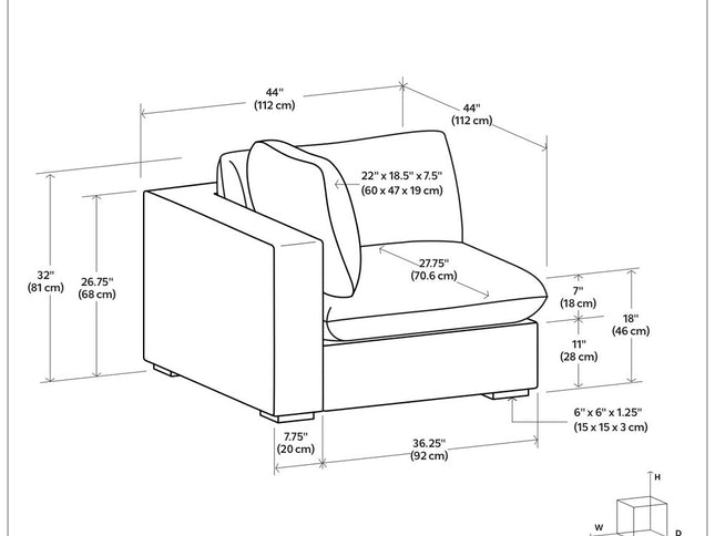 44" Gray Fabric Modular Sofa With Brown Legs