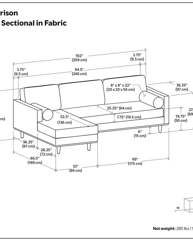 102" Gray Fabric Sofa With Brown Legs