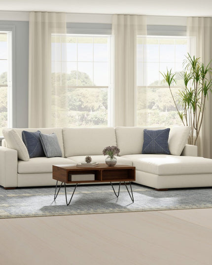 122" Cream Fabric Sofa With Brown Legs