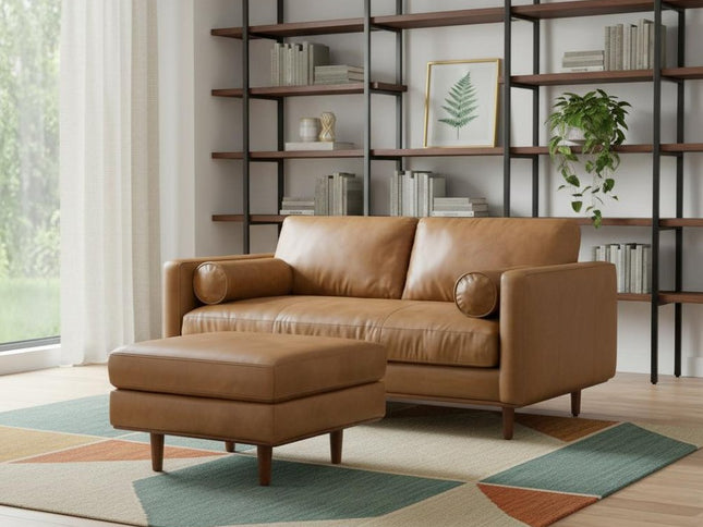 72" Brown Leather Sofa With Ottoman