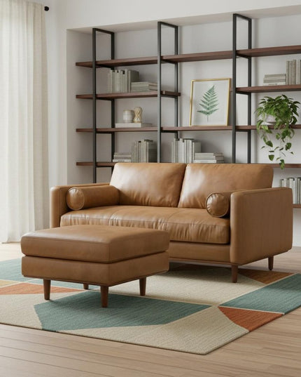 72" Brown Leather Sofa With Ottoman