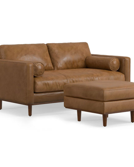 72" Brown Leather Sofa With Ottoman