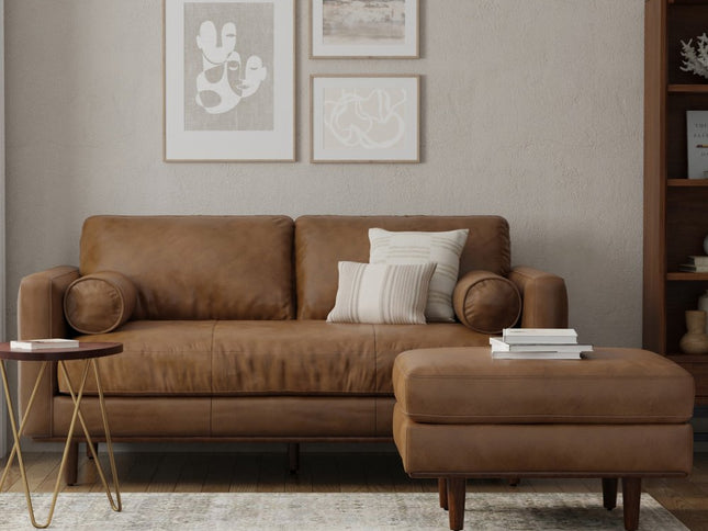 72" Brown Leather Sofa With Ottoman