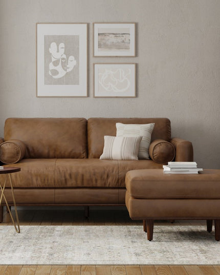 72" Brown Leather Sofa With Ottoman