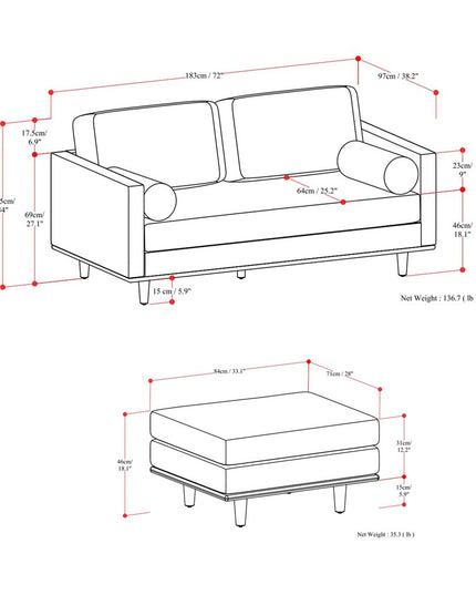 72" Brown Leather Sofa With Ottoman