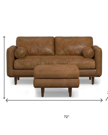 72" Brown Leather Sofa With Ottoman