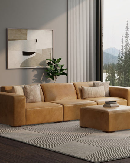 122" Sienna Leather Sofa With Ottoman With Brown Legs