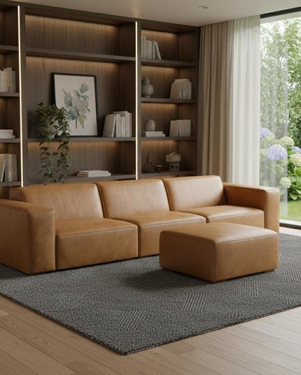 122" Sienna Leather Sofa With Ottoman With Brown Legs