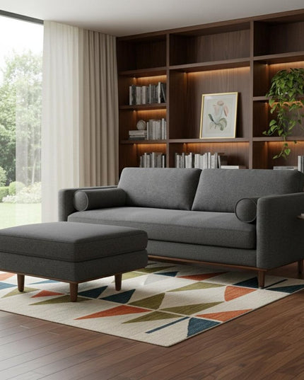 89" Gray Fabric Sofa With Ottoman With Brown Legs