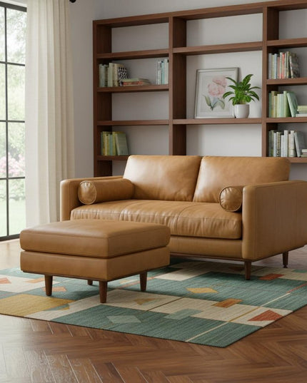 72" Sienna Leather Sofa With Ottoman With Brown Legs