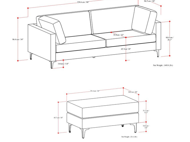 90" Gray Fabric Sofa With Ottoman With Black Legs