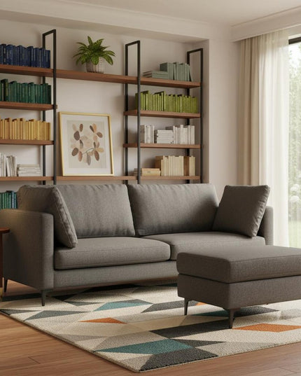 90" Gray Fabric Sofa With Ottoman With Black Legs