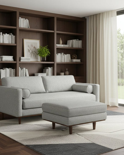 89" Gray Fabric Sofa With Ottoman With Brown Legs