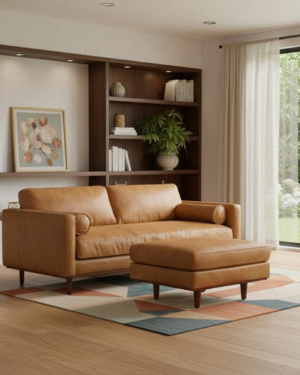 89" Sienna Leather Sofa With Ottoman With Brown Legs