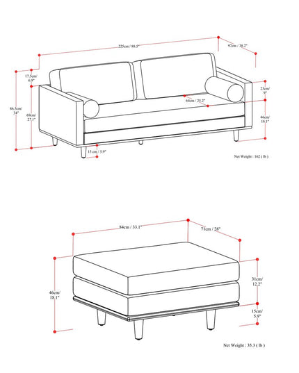 89" Sienna Leather Sofa With Ottoman With Brown Legs