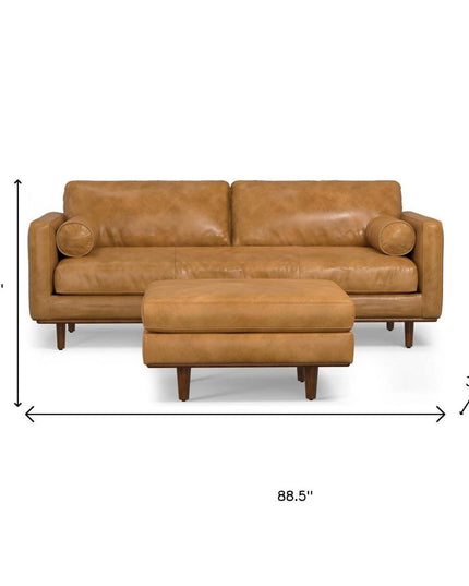 89" Sienna Leather Sofa With Ottoman With Brown Legs