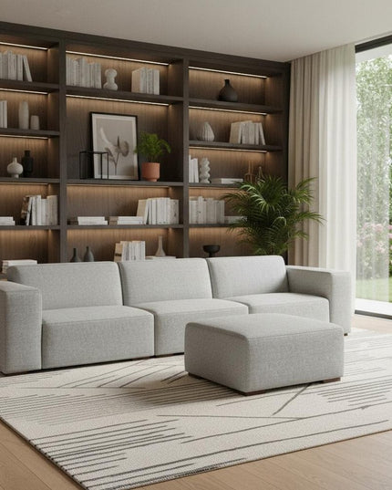 122" Gray Fabric Sofa With Ottoman With Brown Legs