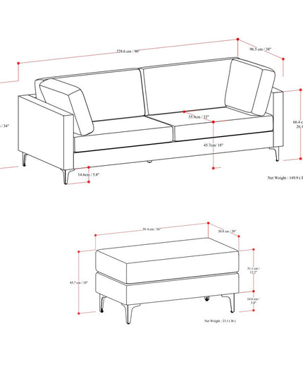90" Cream Fabric Sofa With Ottoman With Black Legs