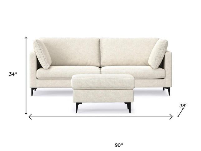 90" Cream Fabric Sofa With Ottoman With Black Legs
