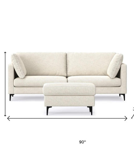 90" Cream Fabric Sofa With Ottoman With Black Legs