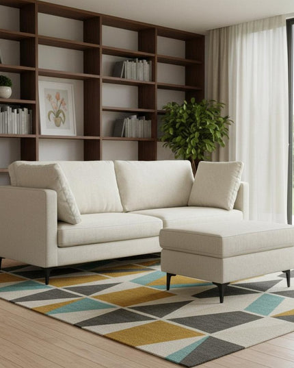 90" Cream Fabric Sofa With Ottoman With Black Legs