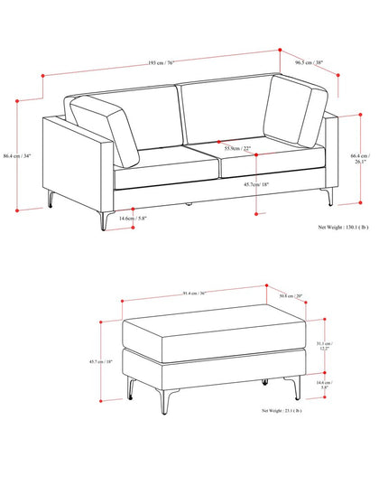 76" Gray Fabric Sofa With Ottoman With Black Legs