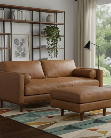 89" Brown Leather Sofa With Ottoman