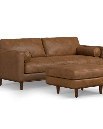 89" Brown Leather Sofa With Ottoman
