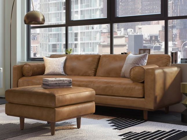 89" Brown Leather Sofa With Ottoman