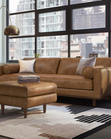 89" Brown Leather Sofa With Ottoman