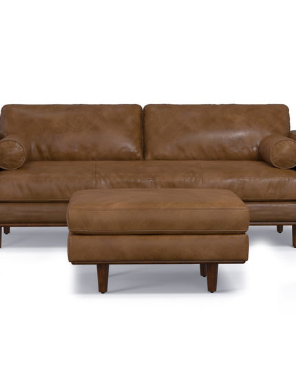 89" Brown Leather Sofa With Ottoman