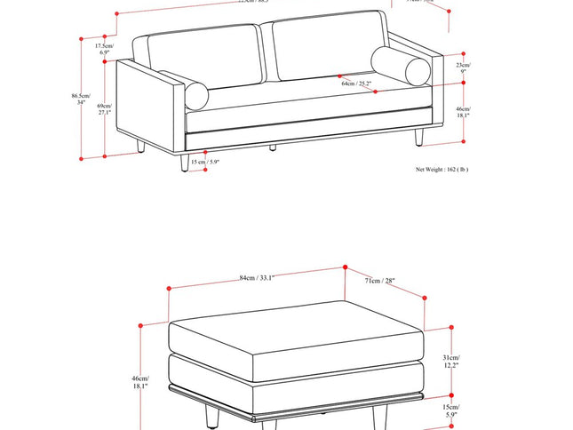 89" Brown Leather Sofa With Ottoman