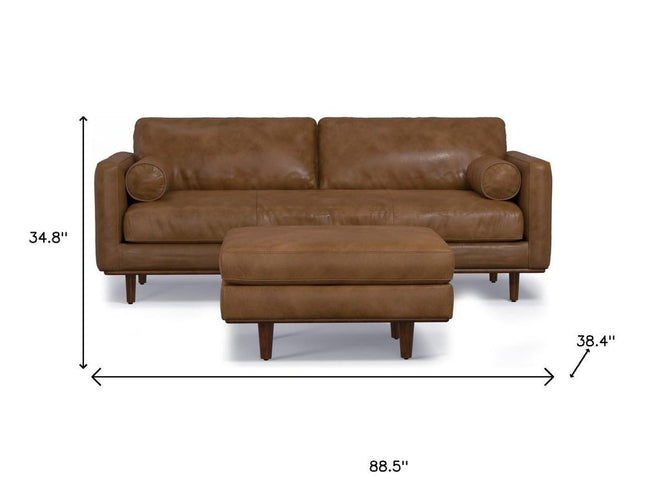 89" Brown Leather Sofa With Ottoman