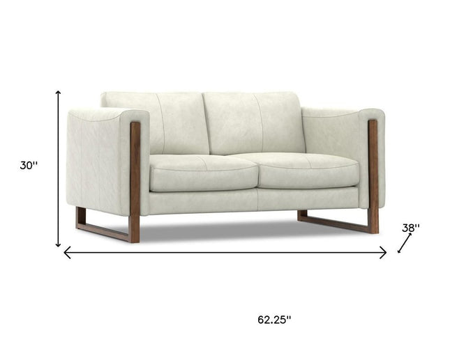 62" Gray Leather Sofa With Walnut Legs