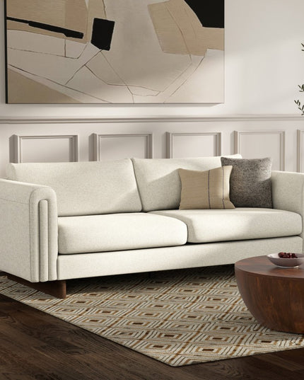 84" Ivory Fabric Sofa With Walnut Legs