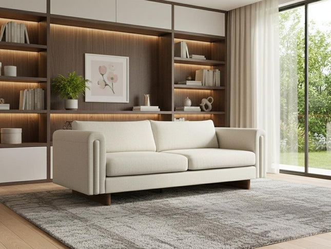 84" Ivory Fabric Sofa With Walnut Legs