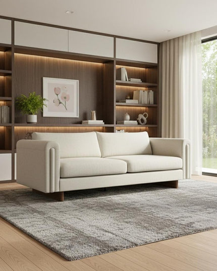 84" Ivory Fabric Sofa With Walnut Legs