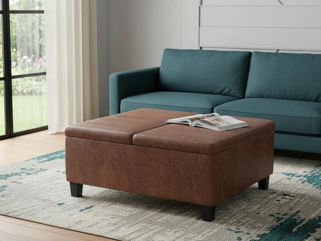 36" Brown and Espresso Leather Cocktail Ottoman With Storage