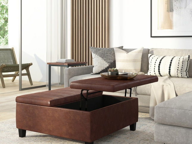 36" Brown and Espresso Leather Cocktail Ottoman With Storage