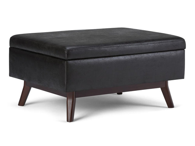 34" Black and Brown Leather Cocktail Ottoman With Storage